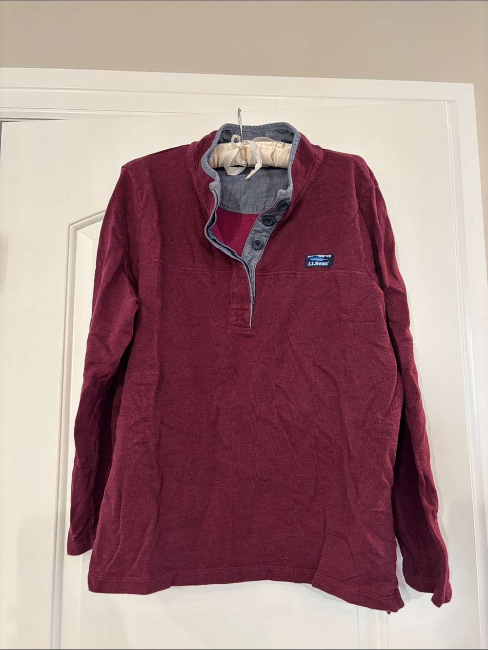 L.L. Bean Wine Pullover with Gray Button-Trim Collar